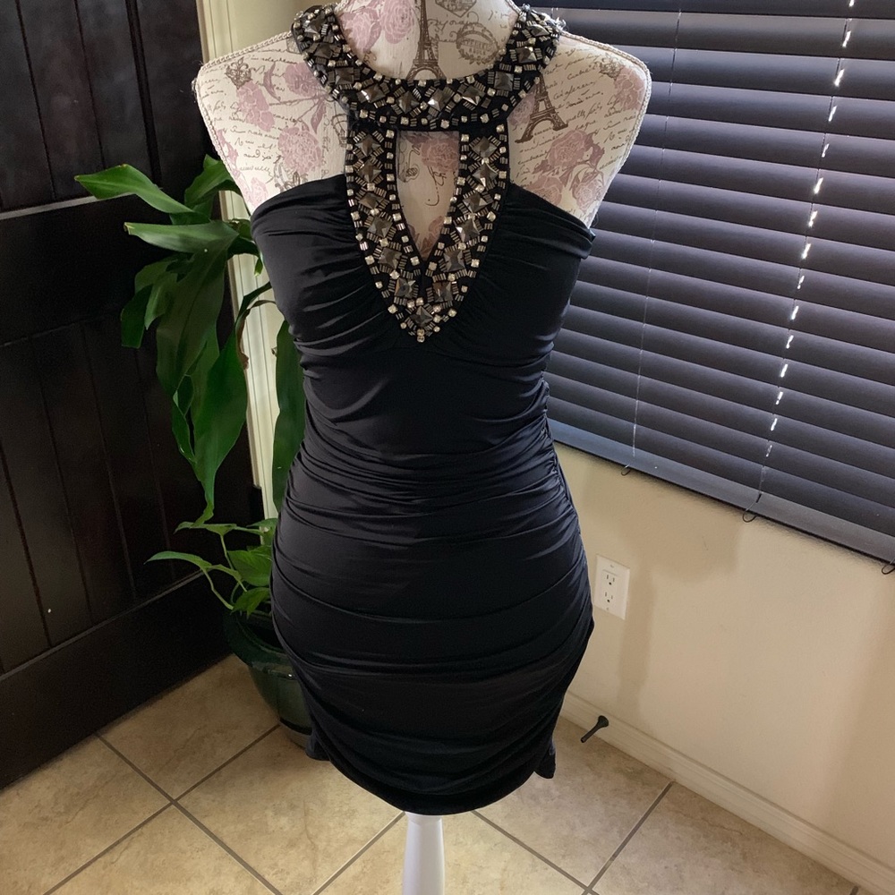 Black embellished halter top homecoming/prom dress